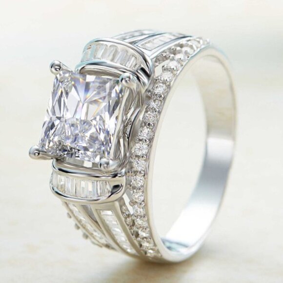 Trio Set Piece Princess Cut Ring Engagement Wedding Band Set  ▶Gorgeous Square CZ Princess Cut Trendy Engagement/Wedding Ring, K989
